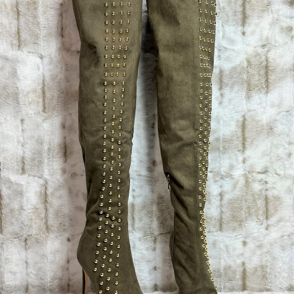 *So Me Olive Army Green Gold Stud Thigh High Heel Boots